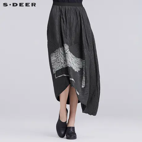 sdeer圣迪奥女装夏装肌理折痕挺括印花不规则半身长裙秋S16281102图片