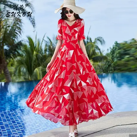 红色连衣裙夏季新款女2023年品牌大摆裙子修身显瘦气质雪纺沙滩裙图片