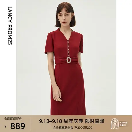 朗姿法式轻奢气质优雅中长款红色连衣裙女商场同款新年战袍礼服图片