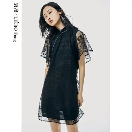 裂帛LIEBOFeng原创设计新中式国风小立领飞飞袖旗袍裙黑色连衣裙图片