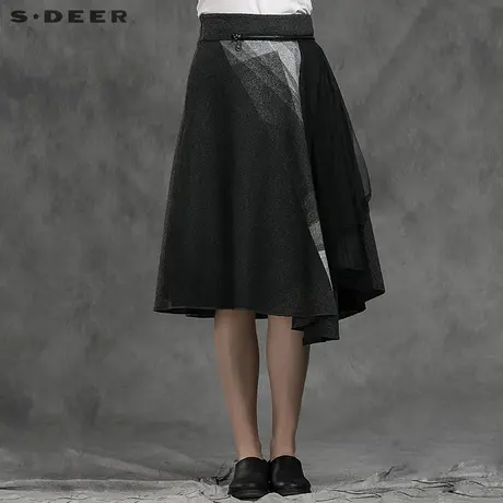 sdeer圣迪奥女装 错落空间设计感网纱拼接长裙 S14481171图片