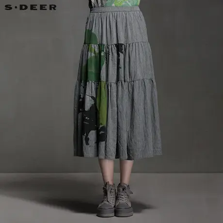 s.deer【新品】圣迪奥抽象水墨绿意棉麻长裙S15281115图片