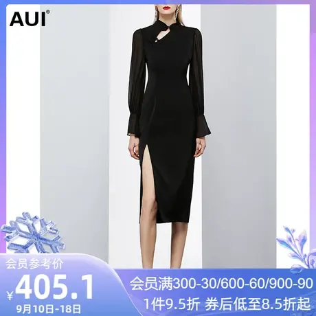 AUI设计感小众旗袍改良版连衣裙女夏2023新款黑色气质开叉中长裙图片