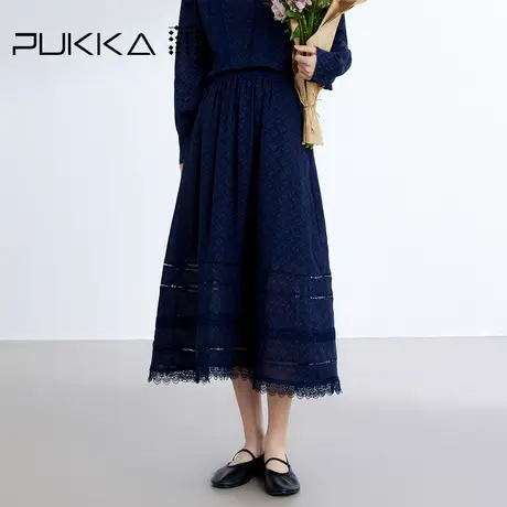 蒲PUKKA 2024春夏新品 重工艺法式蕾丝花边全腰橡筋A型中裙图片