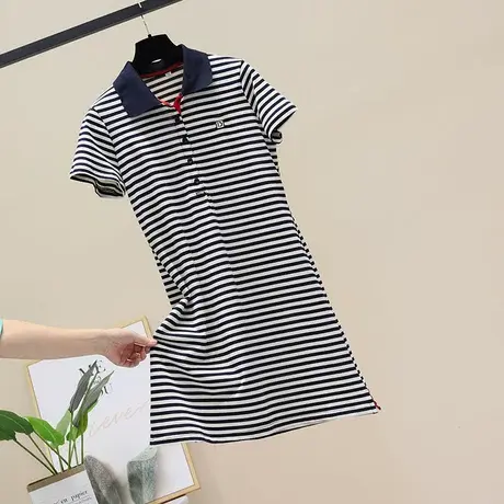 2023夏季新款Polo领条纹修身显瘦休闲连衣裙女洋气中长款T恤裙潮商品大图