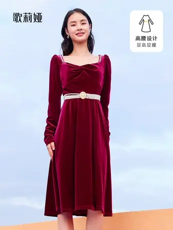 歌莉娅浪漫法式秋季新款钻链装饰红丝绒显瘦长袖连衣裙1A9R4H360图片