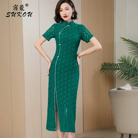 墨绿色新中式国风蕾丝长裙2023新款改良旗袍年轻款高端气质连衣裙图片
