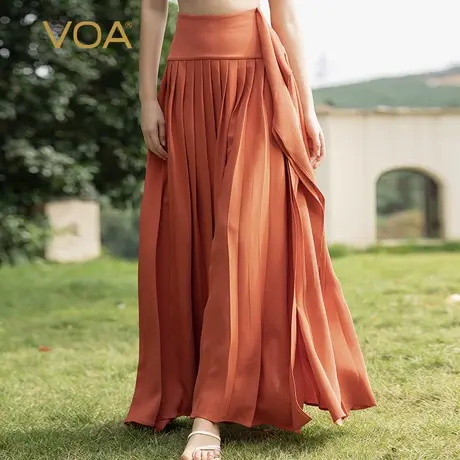 VOA51姆米重磅真丝锈红自然腰不对称活页设计垂坠厚实百褶半身裙图片
