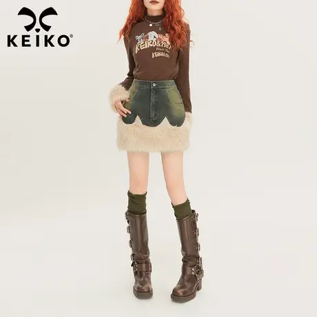 KEIKO 设计感毛绒牛仔裙早春复古高腰显瘦包臀裙小个子A字半身裙图片