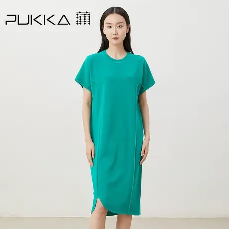 蒲PUKKA原创设计春夏新品棉混纺宽松四平圆领短袖针织连衣裙图片