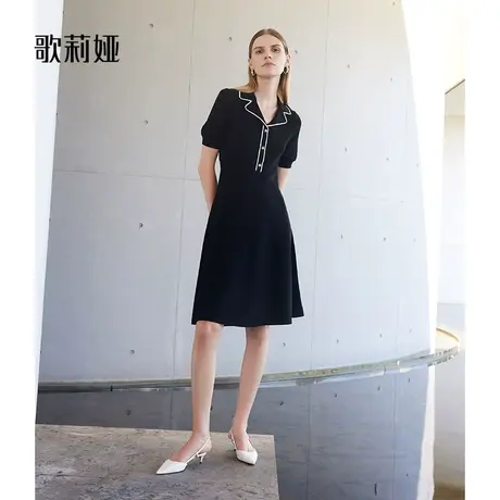 歌莉娅秋季新款高级感天丝桑蚕丝收腰显瘦黑色连衣裙女1A7C4G900图片