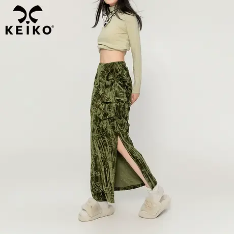 KEIKO 新中式碎花丝绒包臀半身裙2023冬季新层次感压皱开叉长裙子图片