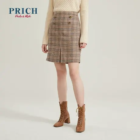 PRICH冬季新款气质高腰显瘦A字格子开叉含绵羊毛复古半身裙图片