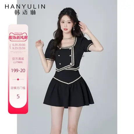 韩语琳套装女2023新款夏季时尚气质显瘦短袖上衣半身裙黑色两件套商品大图