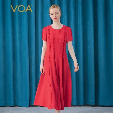 VOA真丝红色重磅30姆米螺旋条纹立体拼接装饰短袖圆领蚕丝连衣裙图片
