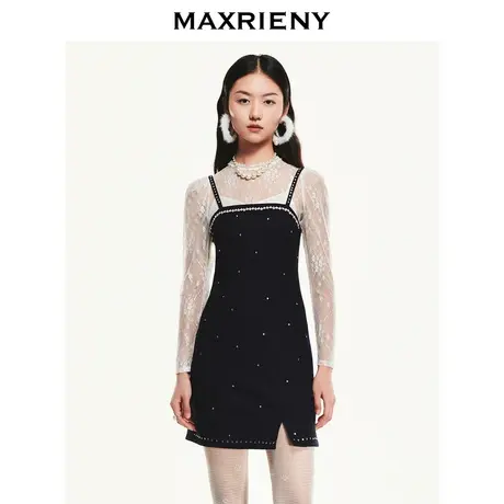 MAXRIENY镶钻丝绒吊带小礼裙冬季新款复古甜美吊带连衣裙收腰图片
