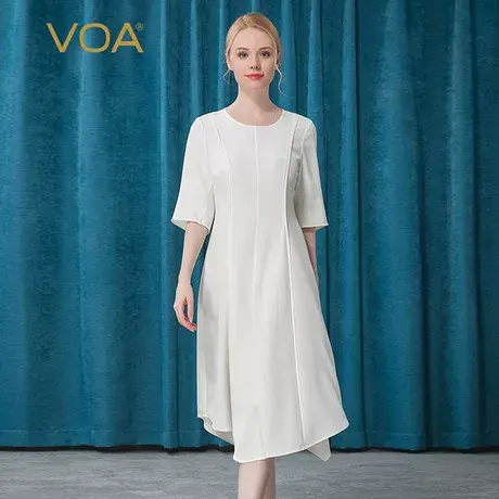 VOA纯真丝36姆米重磅圆领五分袖不规则裙摆束腰白色桑蚕丝连衣裙图片