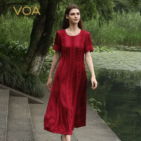 VOA真丝重磅40姆米暗红色圆领立体褶皱条纹拼接短袖桑蚕丝连衣裙图片