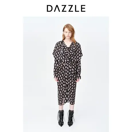 DAZZLE地素奥莱23春装新款复古真丝混纺黑色印花长款半身裙长裙图片