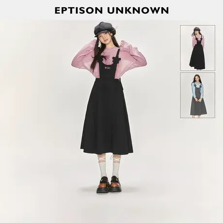 EPTISON连衣裙女2024春季新款复古宽松休闲黑色气质学院风吊带裙图片
