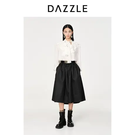 DAZZLE地素奥莱23春新款黑色光泽感松紧腰设计A字中长款半身裙图片