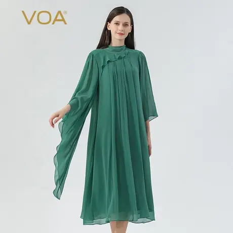 VOA豆绿色双层乔其纯真丝半高领喇叭七分袖大码轻盈桑蚕丝连衣裙图片