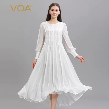 VOA真丝乔其纱茶白色圆领钉珠隐形侧拉衬衫袖钉珠中长款连衣裙图片