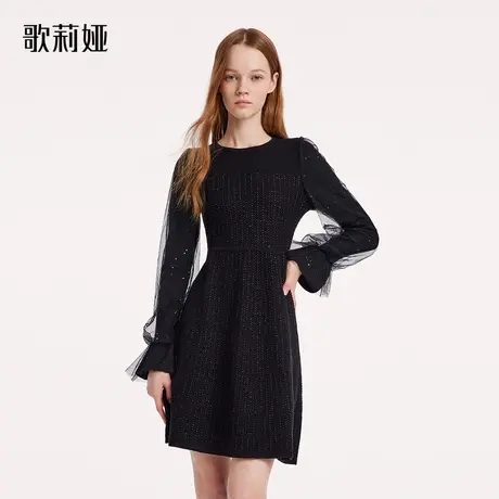 歌莉娅冬季新款毛织拼接长袖连衣裙气质通勤显瘦小黑裙1ANR4G650图片