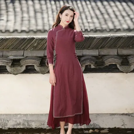 筠雅奥黛旗袍2022年新款年轻款改良棉麻连衣裙长款红色中国风裙子商品大图