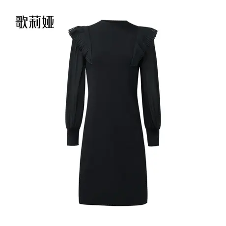【现货】歌莉娅优雅通勤小黑裙冬季新款毛织拼接连衣裙1ANR4G560图片
