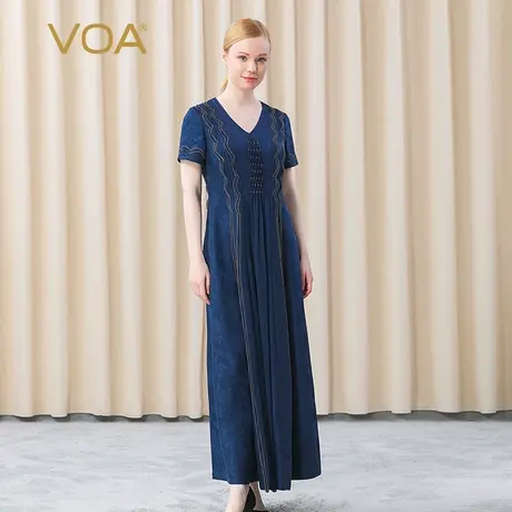 VOA真丝重磅38姆米深蓝色织提花桃心领黄丝镶边育克褶桑蚕丝长裙图片