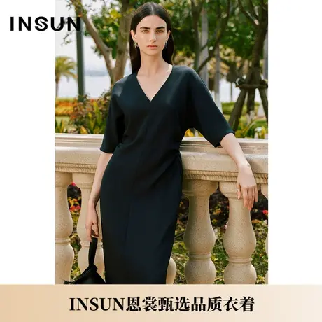 INSUN恩裳夏季X型中袖细褶微弹连衣裙图片