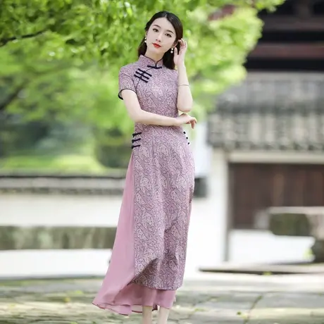 筠雅奥黛旗袍2022年新款中国风改良棉麻连衣裙高端气质复古裙子图片