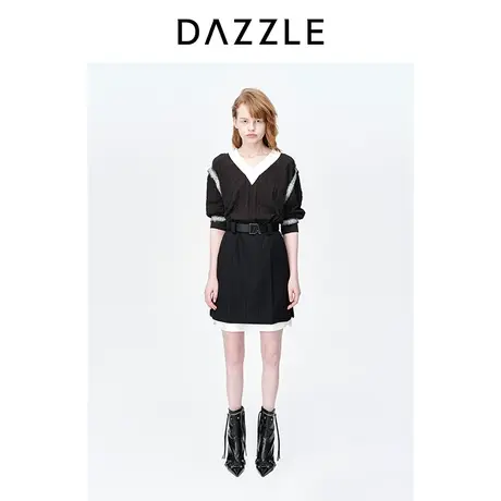 DAZZLE地素奥莱23春装新款黑色撞色设计可拆卸下摆A字半身裙短裙图片
