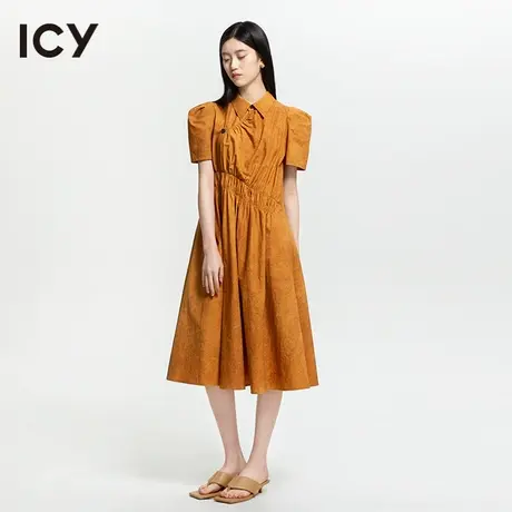 icy2023夏季新款女装复古不对称褶皱肌理感泡泡袖纯棉连衣裙商品大图