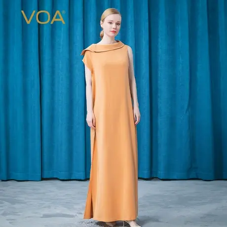VOA36姆米重磅桑蚕丝驼色开叉斜领长款柔软透气端庄真丝连衣长裙图片