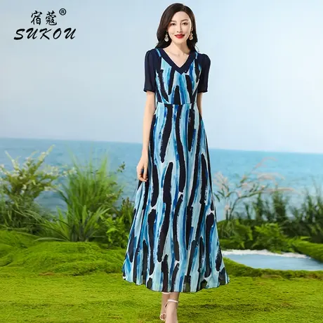 黑蓝条纹拼接连衣裙梨形身材2024夏季新款撞色假两件百搭雪纺长裙图片