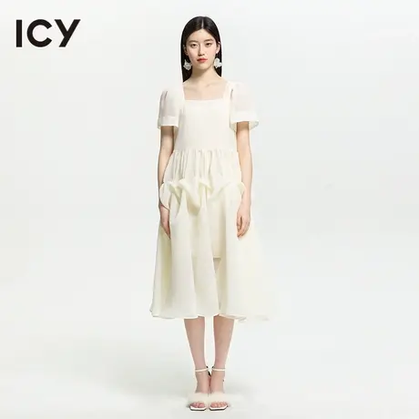 icy2023夏季新款复古甜美仙女蓬蓬裙纯色泡泡袖绑带露背连衣裙图片