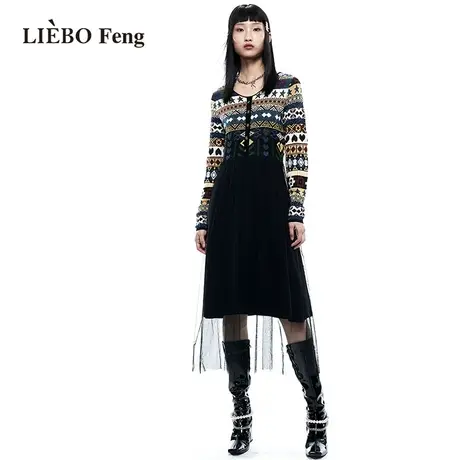 裂帛LIEBOFeng设计师品牌ins复古彩条修身网纱毛织拼接长袖连衣裙图片