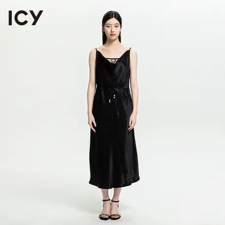 icy2023夏季新款女装法式设计感醋酸露背绑带蕾丝吊带连衣裙图片