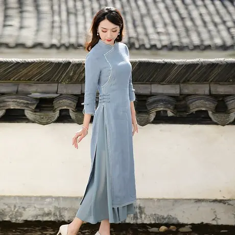 筠雅改良奥黛旗袍2022年新款年轻款日常可穿越南正宗棉麻连衣裙商品大图