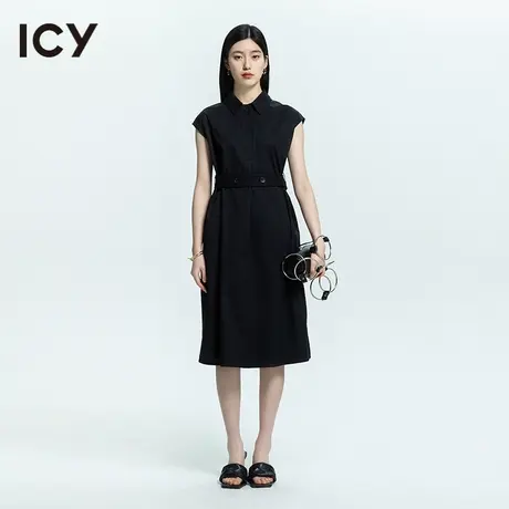 icy2023夏季新款女装简约气质设计感盖袖纯棉POLO领连衣裙图片