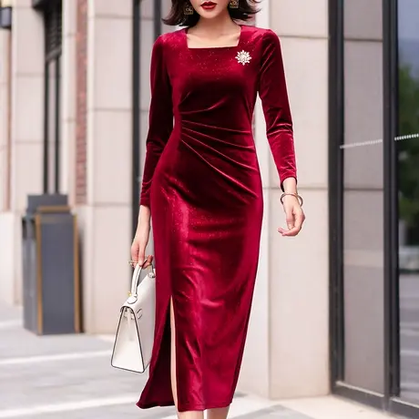 红色礼服裙高级质感秋季2023新款洋气气质修身显瘦丝绒长袖连衣裙图片