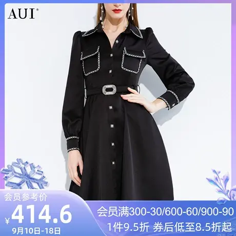 AUI高端名媛洋气黑色衬衫裙2023女春新款设计感小个子法式连衣裙图片