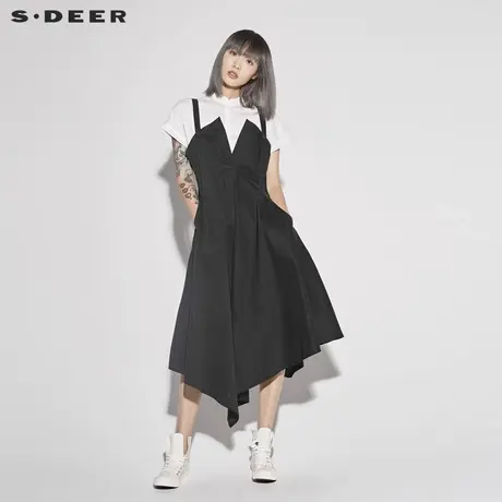 sdeer圣迪奥女装优雅黑白高腰背带不规则摆两件套连衣裙S18281254图片