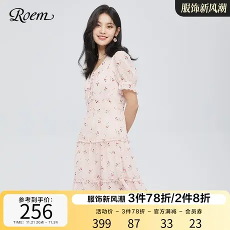 Roem商场同款春夏新品法式樱桃图案甜美V领公主袖小众设计连衣裙图片