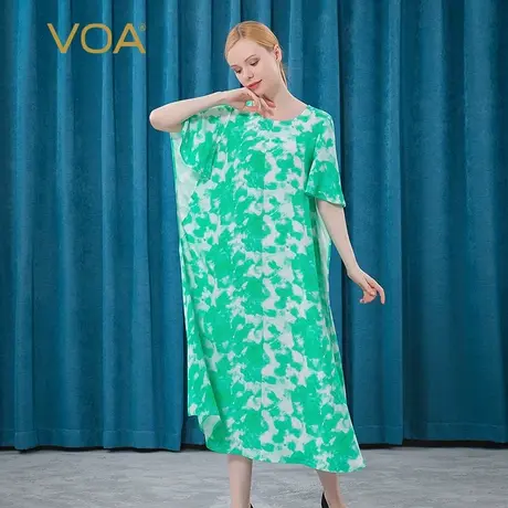 VOA30姆米真丝重磅圆领荷叶袖绿色水彩涂鸦欧版宽松桑蚕丝连衣裙商品大图