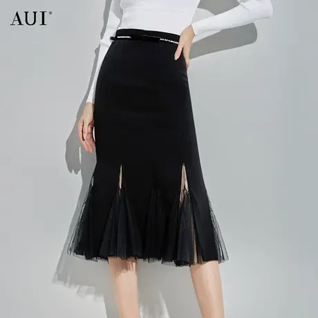 AUI黑色设计感气质包臀鱼尾裙女冬2023新款高腰显瘦中长款半身裙图片