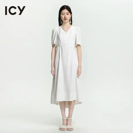 icy2023夏季新款女装法式初恋风小白裙V领蝴蝶结泡泡袖连衣裙图片