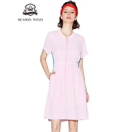 季候风夏季新款甜美收腰拉链纯色短袖连衣裙女8231LC140商品大图